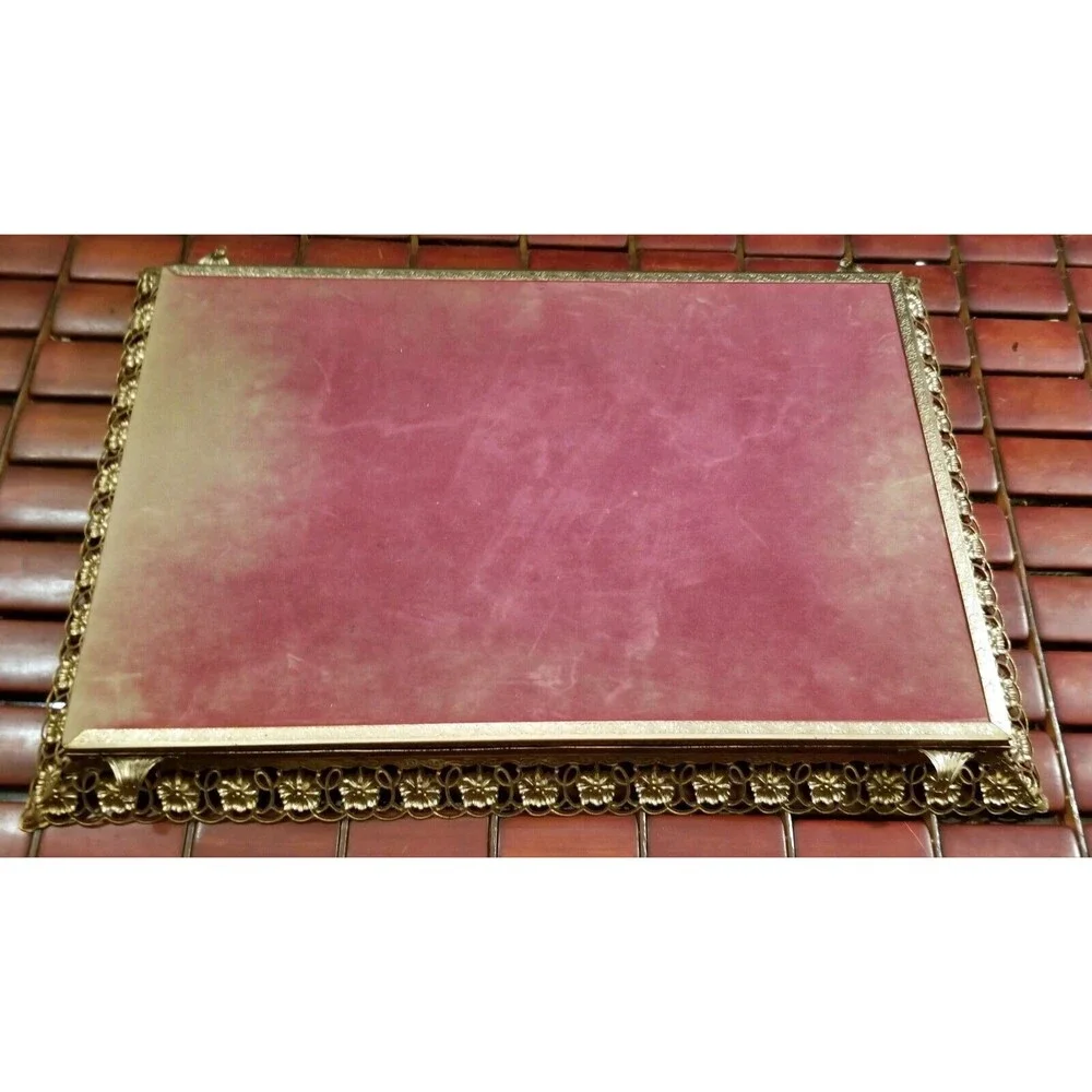 Vintage Mirrored Dresser Vanity Tray Ornate Gold Tone Floral Art Nouveau Motif